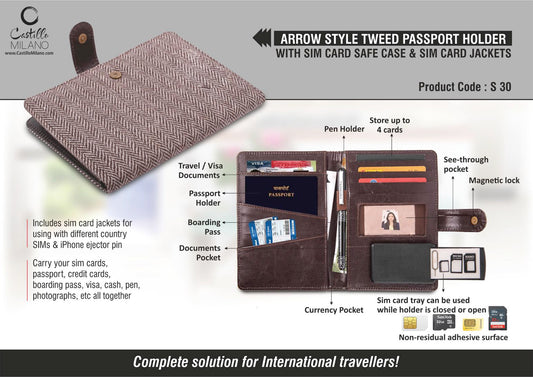 Arrow style Tweed Passport holder with Sim Card Safe Case