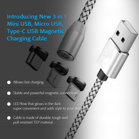 Magnetic Ultra Fast Charging Cable, 360 Degree 3in1 Jack, LED Indicator Light Cable Compatible with All Type-C| Micro USB| Smartphone, Android and iOS Smartphone