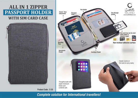 All in 1 Zipper Passport holder with Sim card case - Gray